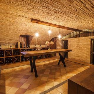 Décor pour votre tournage : la cave à vins voutée de briques du château de Roquefoulet